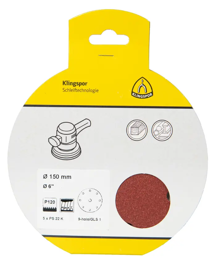 Klingspor - PS 22 K Scheibe kletthaftend, 150 mm Korn 120 Lochform GLS1, SB-verpackt im Reiter