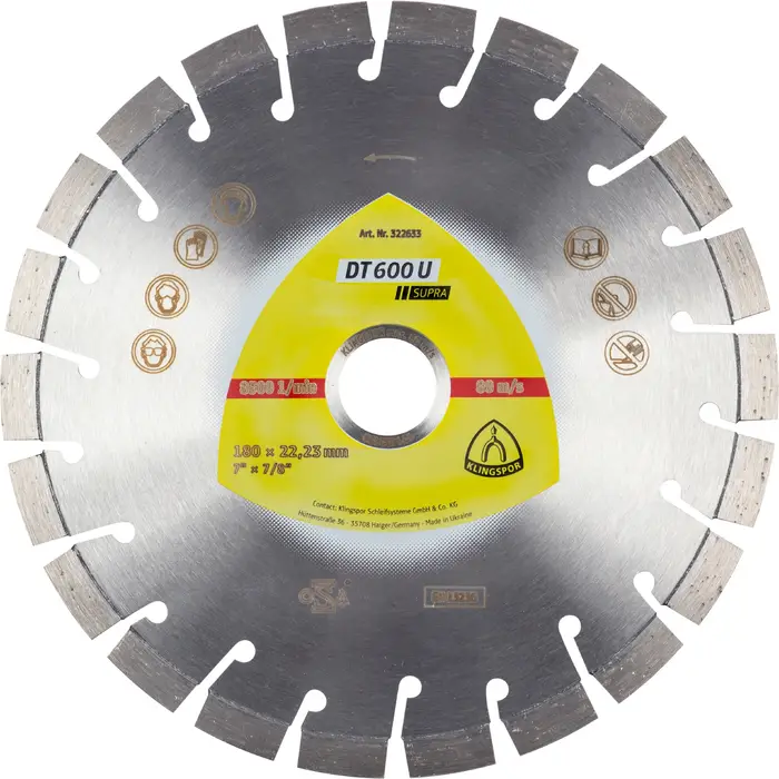 Klingspor - DT 600 U Diamanttrennscheibe, 180 x 2,6 x 22,23 mm 22 Segmente 20 x 2,6 x 9 mm, Kurzverzahnung