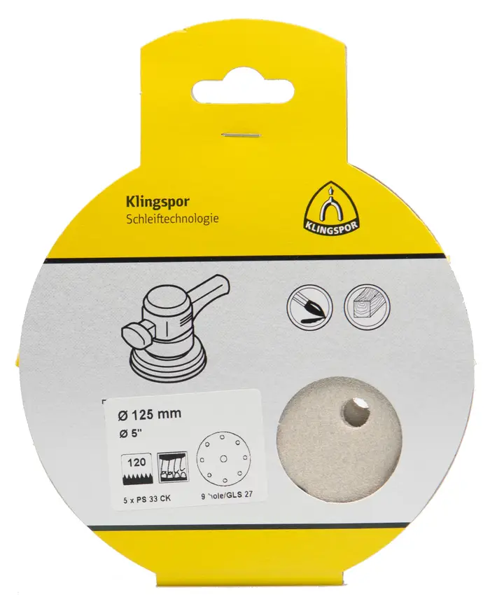 Klingspor - PS 33 CK Scheibe kletthaftend, 125 mm Korn 120 Lochform GLS27, SB-verpackt im Reiter