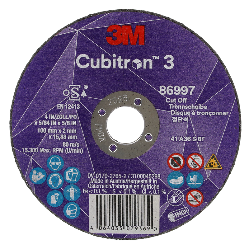3M Cubitron 3 Trennscheibe, 86997, 36+, T41, 100 mm x 2 mm x 15,88 mm, EN, 25/Pack, 50 Stück/VE