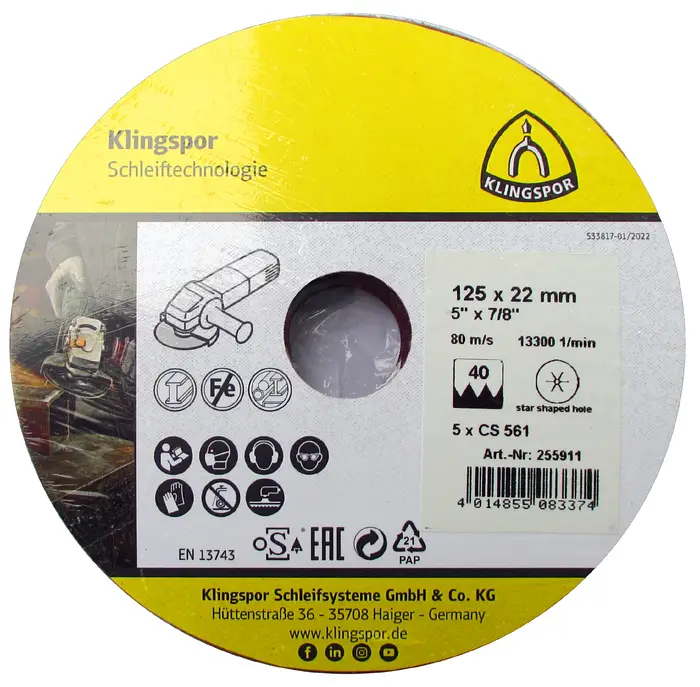 Klingspor - CS 561 Fiberscheibe, 115 x 22 mm Korn 120 Sternloch, SB-verpackt in Folie