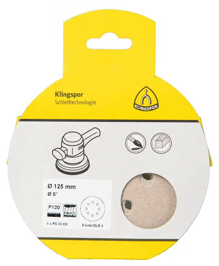Klingspor - PS 33 CK Scheibe kletthaftend, 125 mm Korn 120 Lochform GLS5, SB-verpackt im Reiter